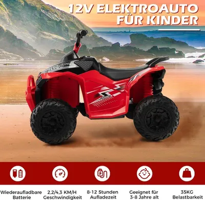 Obrázok produktu pre 12V elektrická detská štvorkolka s rýchlosťou 2,2/4,3 KM/H & Klaksón, hudba & LED svetlá elektrické quad červené