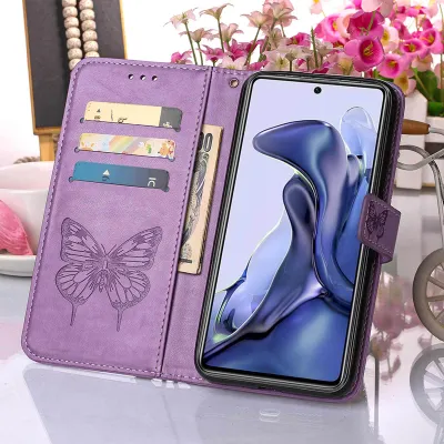 A purple flip leather phone case with a butterfly embossed design, shown open with a phone inside and cards and cash in the slots.