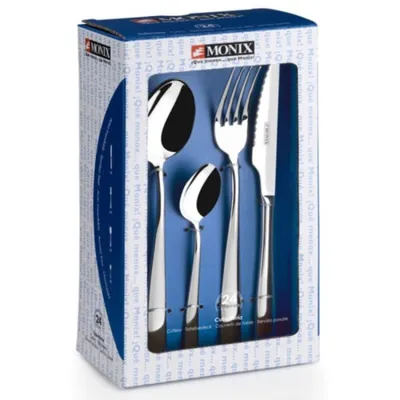 Obrázek produktu pro Sada příborů MONIX Siena 24 kusů, z nerezové oceli, moderní design s leštěným povrchem, pro 6 osob, tloušťka 3 mm, vhodné do myčky, barva stříbrná