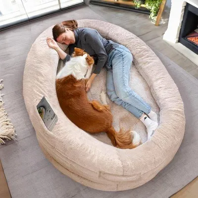Image de Coussin pour chien - Lit pour chien chaud et confortable pour les humains - Housse amovible (beige)