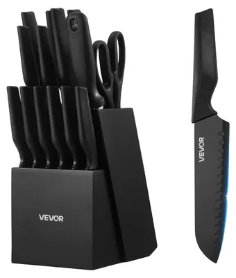 Produktbild von VEVOR Küchenmesser Set mit Block und Schleifer, 15-teiliges deutsches Hochkohlenstoff-Edelstahl-Messer Set, Küchenbesteck mit PP ergonomischem Griff, Schleifstab und Holzblock, für Hobbyköche, Alles Kunststoff
