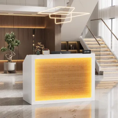 Produktbild von TWSOUL Empfangstheke mit LED-Beleuchtung,Rezeptionstresen mit Schublade & Stauraum Holz-Theke mit Ladestation, modern, 140 × 60 × 110 cm