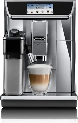 A close-up studio shot of a DeLonghi coffee machine with a latte in a glass.