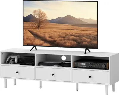 Produktbild von TV-Kommode für 75 Zoll Fernseher, Weiß, 3 Schubladen & 3 offene Fächer, Spanplatte, TV-Ständer, Medienschrank