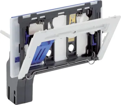 A close-up, angled view of a concealed cistern mechanism, likely for a wall-hung toilet, with its access panel open.