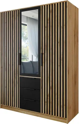 Produktbild von MIRJAN24 Kleiderschrank Tytus Lux D3 mit 3 Drehtüren und 3 Schubladen, mit Aluminumgriffe, Kleiderstange, Frontspiegel (Farbe: Eiche Wotan / Schwarz + Eiche Wotan)