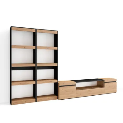 Produktbild von Wohnwand Wohnzimmer, 320x35x186cm, Für TV-Geräte bis zu 80", Wohnzimmer Möbel, Eiche und Schwarz