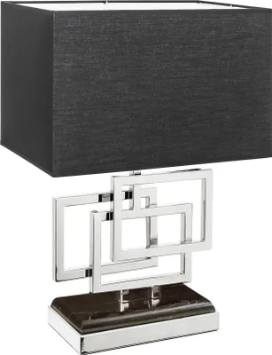 A modern table lamp with a rectangular black fabric shade and a silver geometric base.
