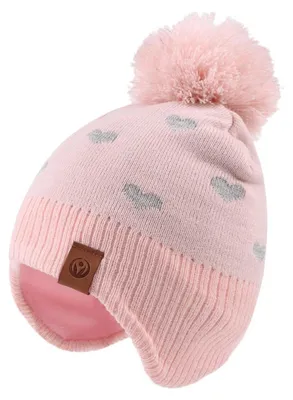 Produktbild von Strickmütze mit Schal für Kinder 4-7 Jahre Rosa Herz-Muster mit Ohrenklappen und Pompon