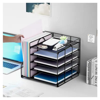 Produktbild von Schreibtisch Organizer mit Aktenhalter, 5-stöckiger Papier Briefkasten Organizer, Desktop Organizer und Aufbewahrung, Mesh Schreibtisch Organizer für Bürobedarf zu Hause, Schwarz