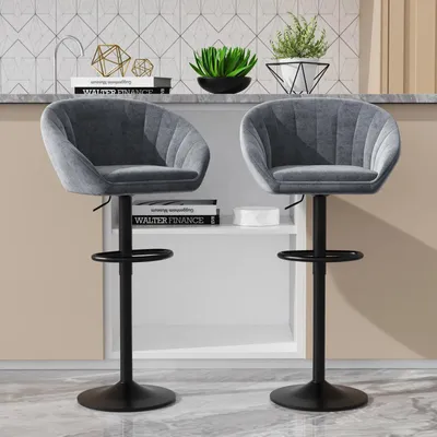 Produktbild von 2er Set Barhocker Stoff - Küchenbarhocker - Höhenverstellbar 58–80 cm - 360° drehbar - Mit Rückenlehne und Fußstütze - Dunkelgrau