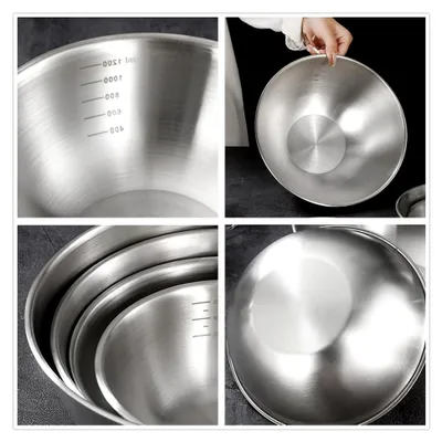 Produktbild von 3-teiliges Set Rührschüsseln aus Edelstahl, 0,7 L / 1,2 L / 1,8 L mit Messmarkierungen, lebensmittelecht, rostfrei, spülmaschinengeeignet