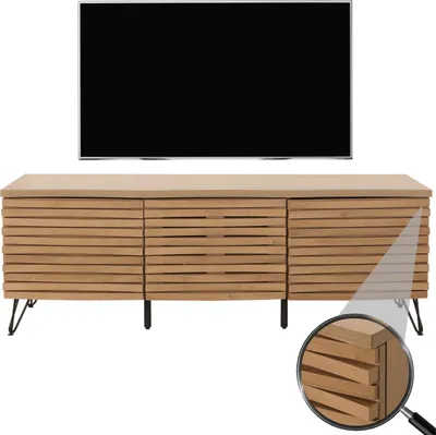 Obrázek produktu pro Televizní stolek HWC-M49, nízká TV skříňka, 3D design úložných přihrádek, MDF kov 52x142x44cm přírodní