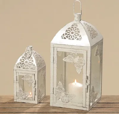 Produktbild von Laterne Windlicht Weiß Eisen Metall Schmetterling Shabby klein