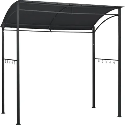 A dark grey metal gazebo with a fabric roof, shown from the front on a white background.