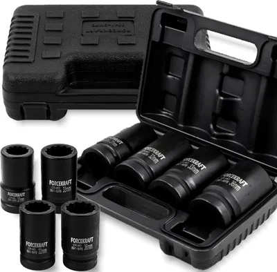 Produktbild von FORCEKRAFT Set mit 4 tiefen Schlagschraubernüssen im Koffer, 1" 12-kant, 27-36 mm