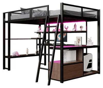 Image de Lit superposé - Lit superposé gaming 140 x 200 cm - Bureau intégré - Éclairage LED - Espace de rangement - Structure en MDF et métal - Blanc