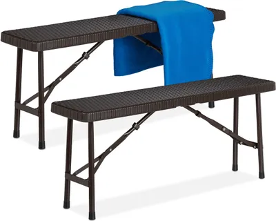Image de Lot de 2 bancs de brasserie Relaxdays, bancs pliants pour terrasse et jardin, en plastique, banc de camping D x L x H : 42 x 100 x 25 cm, marron