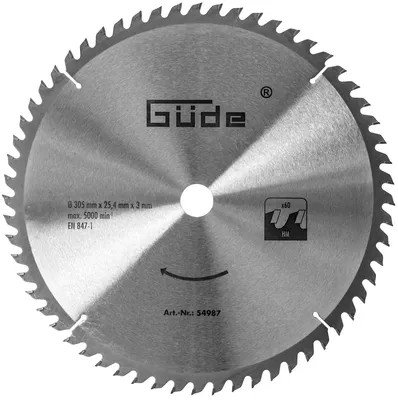 Image de Güde 54987 Lame de scie à bois HM 305x25,4x60Z (lame en métal dur - 305 x 25 mm avec 4x60 dents)