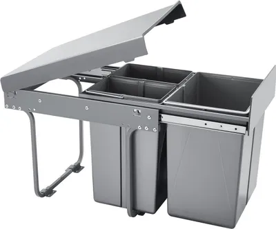 Productafbeelding van Dubbele afvalcontainer met uittrekbare compartimenten (20+10+10 liter) voor onder de keukenkast. Prullenbak voor in de keuken