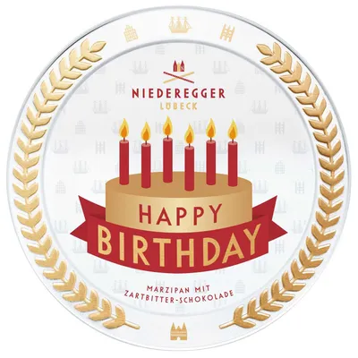 Image de Niederegger Pâte d'amande au chocolat noir Happy Birthday Boîte 185g