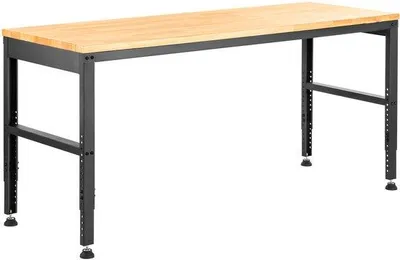 Produktbild von Anpassbare Werkbank – 122 x 51 x 97 cm, Höhe 72 bis 97 cm, Tragfähigkeit 900 kg, mit Steckdosen, Hartholzblatt, Metallrahmen, Fußkugeln – Geeignet für Büro, Zuhause, Garage