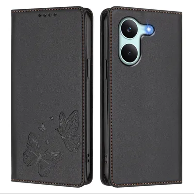 Image de Étui en cuir pour Xiaomi Poco X8 Pro/Redmi Turbo 5, étui de protection type portefeuille en cuir gaufré motif papillon avec support, noir