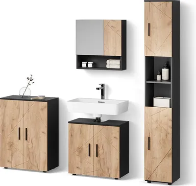 Image de Ensemble meubles bain Livinity Ronco Chêne doré/anthracite 4 pièces, avec armoire haute et commode, Model 52659