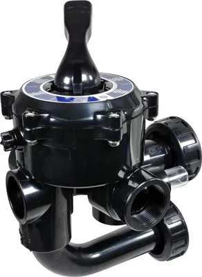 A black multi-port valve with a lever on top, likely for a pool or spa system.