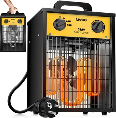 A collage showing a portable electric heater from different angles, including a hand holding it.