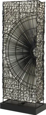 A tall, rectangular floor lamp with a black metal wire frame and a white fabric shade. The front of the lamp features a decorative, fan-shaped metal element.