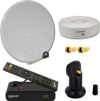 Produktbild von PremiumX Satelliten-Komplettanlage 60cm Satellitenschüssel Single LNB 10m Antennen-Kabel FullHD TV SAT Receiver HDMI-Kabel