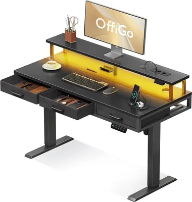 Produktbild von Elektrischer Schreibtisch mit Schubladen und Monitorständer, Gaming Tisch mit Steckdosen und Lichtleiste, Schwarz