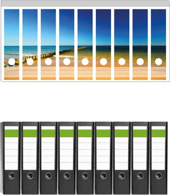 Produktbild von Wallario 9 Stück breite Ordner inkl. Klebeetiketten mit Motive Sandstrand in orange - Blaues Meer - Blauer Himmel -  Set mit Rückenschildern / Ordnerrücken Stickern