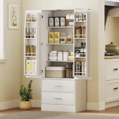 Produktbild von Sideboard Buffet, Küchenschrank mit Schubladen, Hochschrank mit Türfächern, Weiß | Spanplatte MDF | 60 x 40 x 159 cm