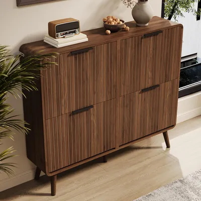 Produktbild von Merax Schuhschrank mit Klapptüren, Moderner Schuhregal im nordischen Stil mit großem Fassungsvermögen für 18–24 Paar Schuhe, Walnuss