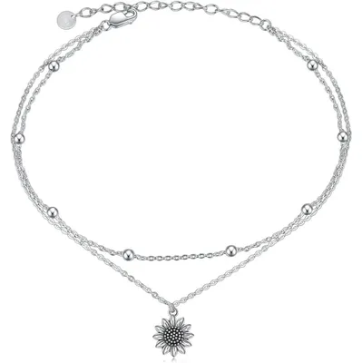 Produktbild von Fußkettchen 925 Sterling Silber mit Zirkonia, Doppelkette, für Damen & Mädchen, Sonnenblume, 21+5 cm