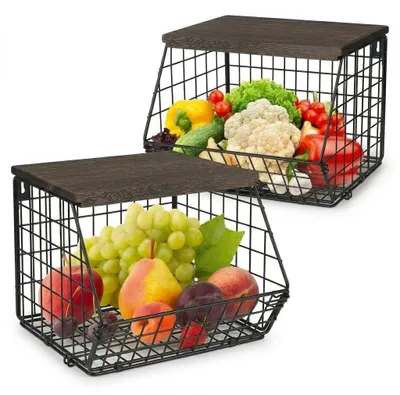 Obstkorb-Set 2er, schwarz, Metall, stapelbar, mit Holzdeckel