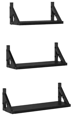 Zdjęcie produktu dla Zestaw 3 półek ściennych - Półki wiszące - Drewno i metal - Klasyczny, minimalistyczny design - Montaż na ścianie - Czarny kolor