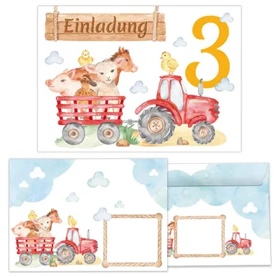 12 Einladungskarten + Umschläge, 3. Geburtstag, Bauernhof