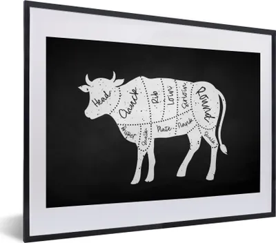 Produktbild von MuchoWow® Gerahmtes Poster Kuh - Küche - Fleisch 40x30 cm - Poster mit Schwarzem Bilderrahmen Wandposter Rahmen Foto Bilder - Bilderrahmen - Poster im Rahmen