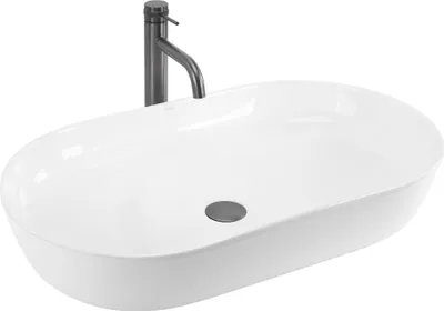 A white oval countertop sink with a dark gray faucet.