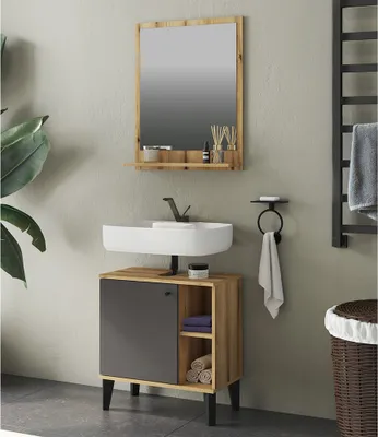 Produktbild von Waschplatz-Set 2-teilig Waschbeckenunterschrank 60 cm, Spiegel, Eiche mit grau OLEAN-61