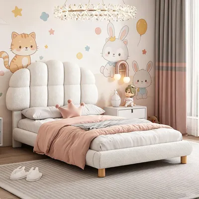 Image de Lit bébé INONEFT, lit simple pour enfant, 90x200 cm, avec sommier à lattes, dossier avec une tête de lit arrondie et rembourrée, en flanelle, couleur beige
