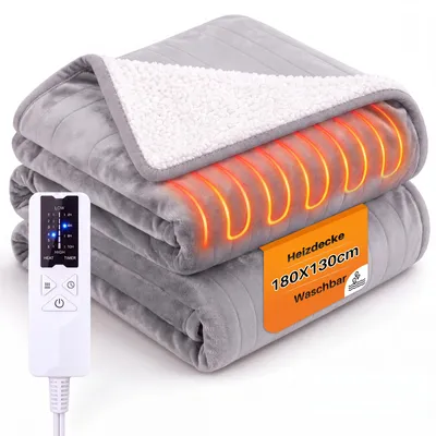 Produktbild von ZMH Elektrische Heizdecke 180x130cm Kuschelheizdecke mit Timer 6 Temperatureinstellungen Wärmeunterbett Flanell Wärmedecke Hellgrau Fur Bett Sofa