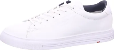 A white leather sneaker is shown from the side against a white background.