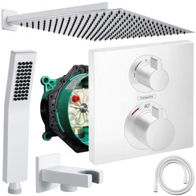 Produktbild von Hansgrohe und Jowi Unterputz Duschsystem Weiß, Ecostat Square Thermostat, Duscharmatur, Regendusche, 360 mm Kopfbrause