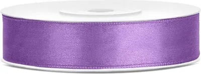 A roll of lavender satin ribbon on a white spool.