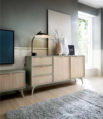 Produktbild von 3-türig Kommode Fjord Sideboard mit dekorativen Türen Kommode im skandinavischen Stil Mintgrün Kommode mit Schubladen, Farbe: Mint, Beige