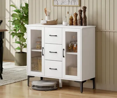 Produktbild von Sideboard,Kommode, Buffetschrank mit 3 Schubladen, 2 Glastüren, verstellbare Regale,Wohnzimmerunterschrank Weiß